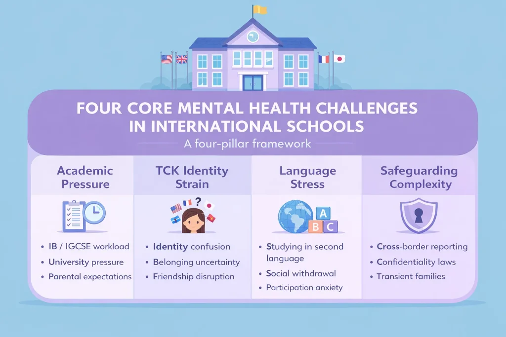 Framework illustrating four core student mental health challenges in international schools: academic pressure from international curricula, third culture kid identity strain, language-related social anxiety, and safeguarding complexity across international contexts.