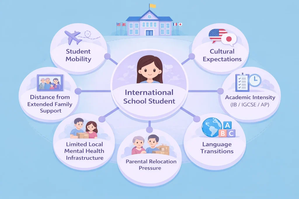 Diagram showing key factors affecting student mental health in international schools, including student mobility, cultural diversity, academic pressure from IB and IGCSE programmes, language transitions, parental relocation stress, limited local mental health services, and reduced extended family support.