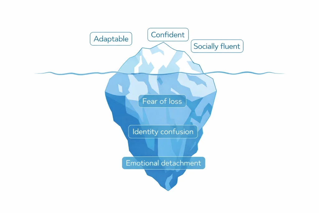 Iceberg model showing visible strengths and hidden emotional challenges in Third Culture Kids