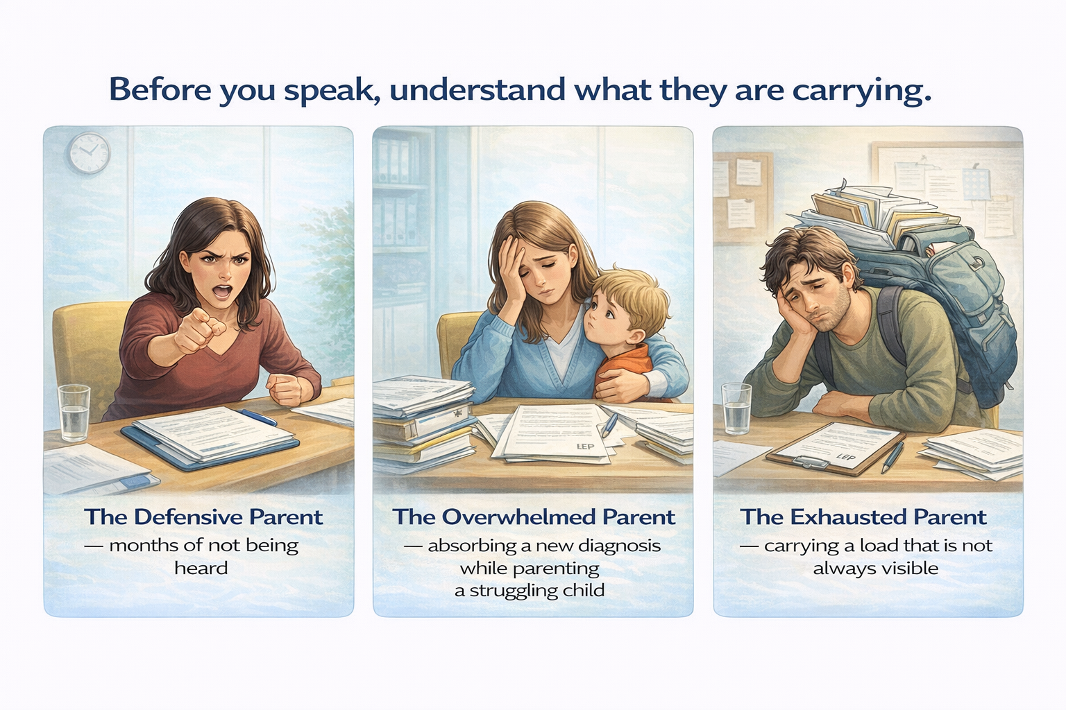 Illustration showing three emotional states parents of SEND students commonly bring to school meetings: defensive, overwhelmed, and exhausted. CALM International.