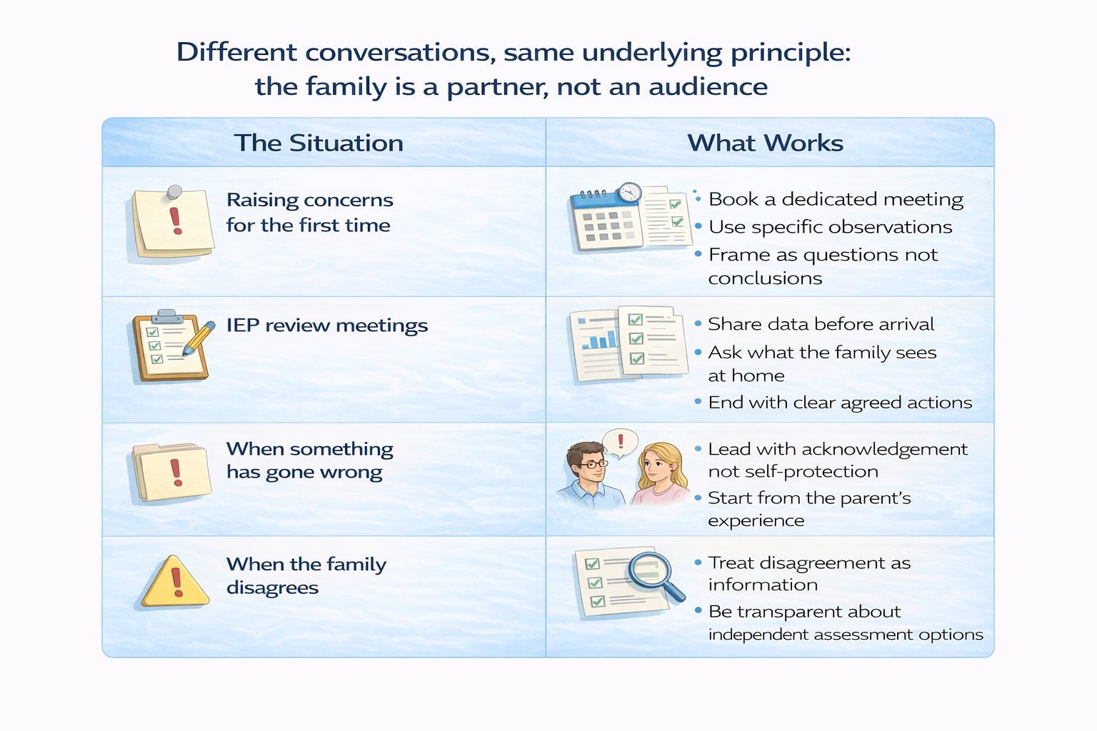 Table showing guidance for four types of difficult SEND parent conversations: raising concerns, IEP reviews, when things go wrong, and when families disagree. CALM International.
