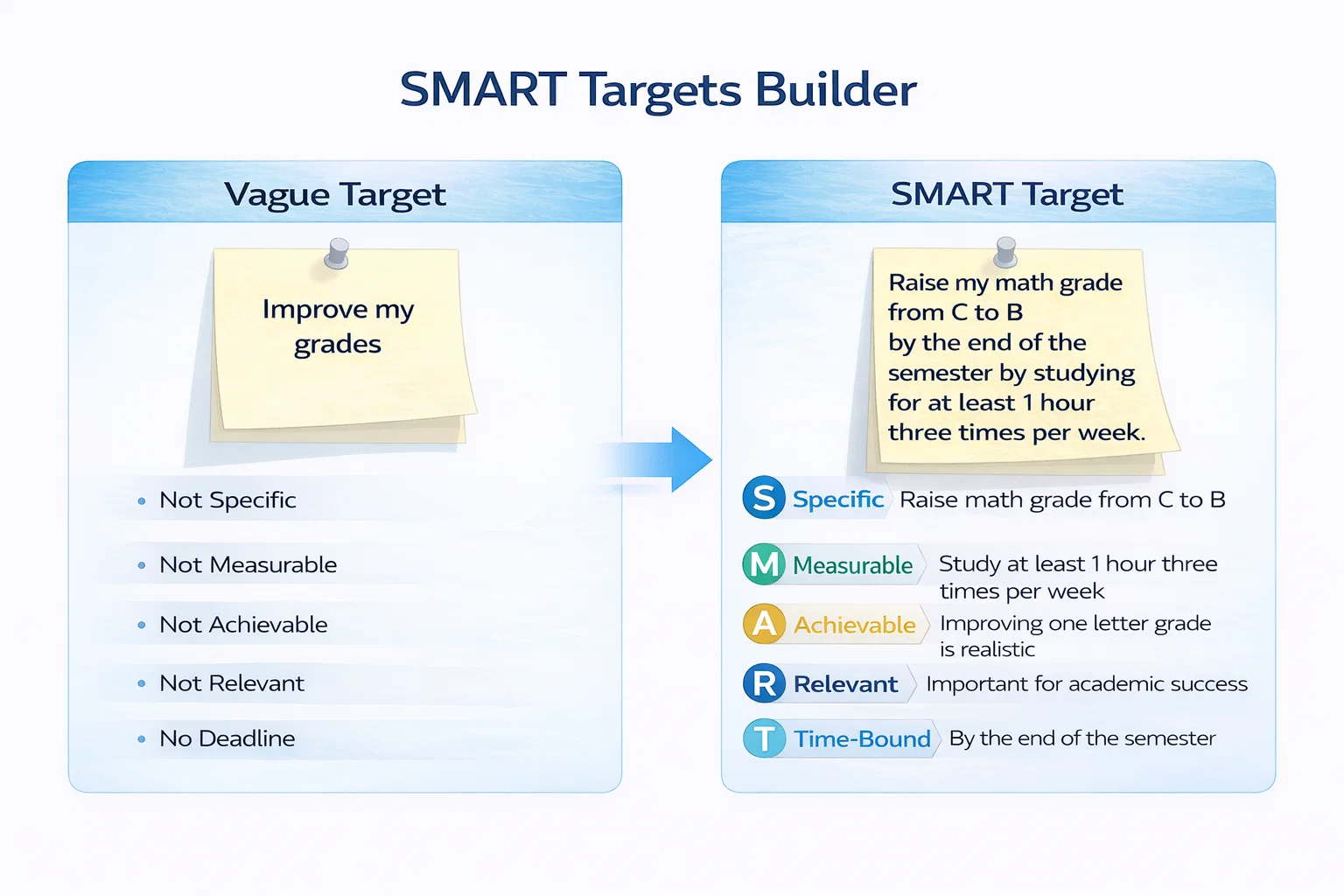 Infographic comparing a vague IEP target ("improve reading") with a SMART target, annotated to show how each criterion — specific, measurable, achievable, relevant, and time-bound — is met.