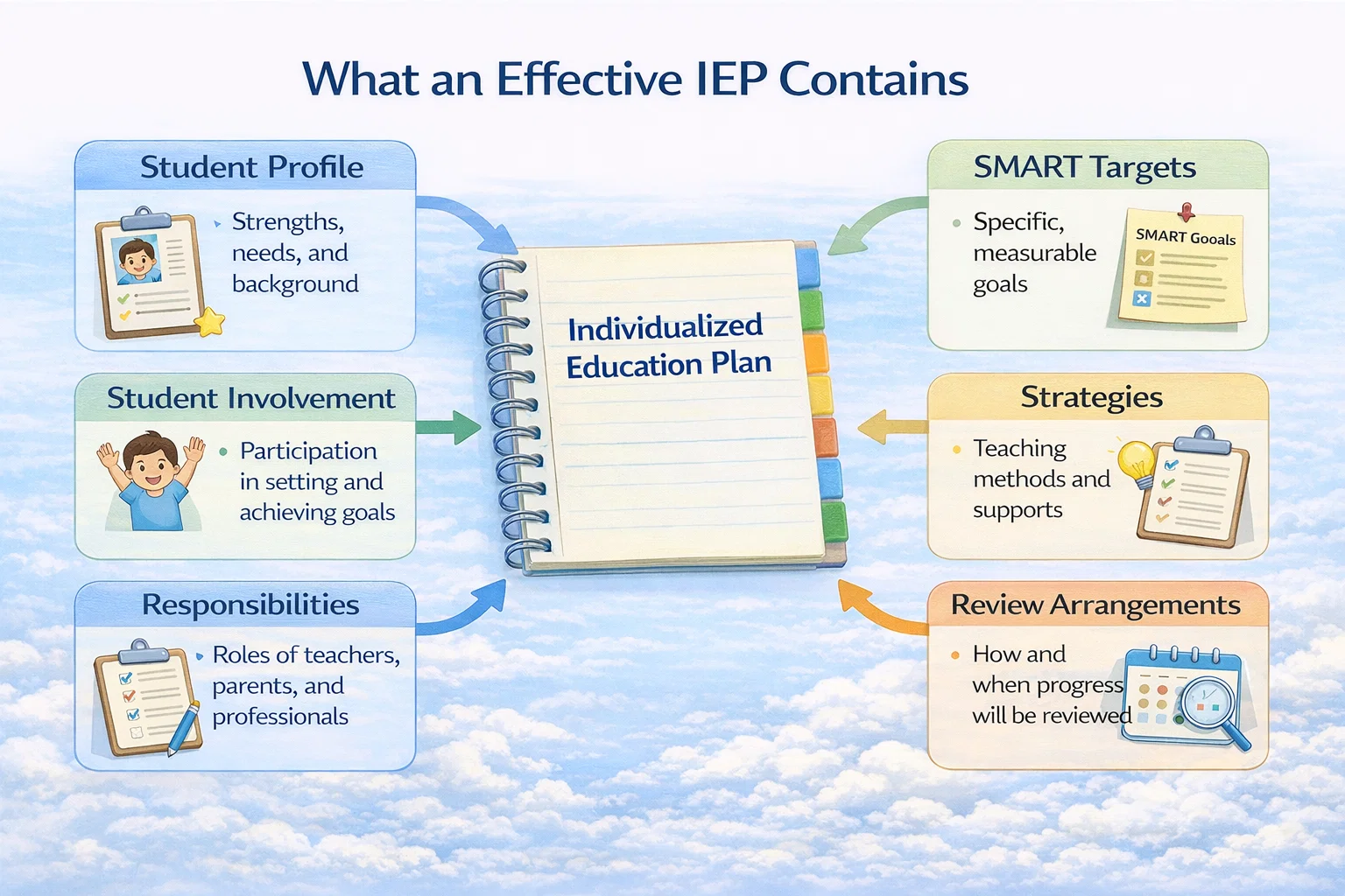 Anatomy diagram of an effective Individual Education Plan showing six components: student profile, SMART targets, strategies and support, review arrangements, agreed responsibilities, and student involvement.