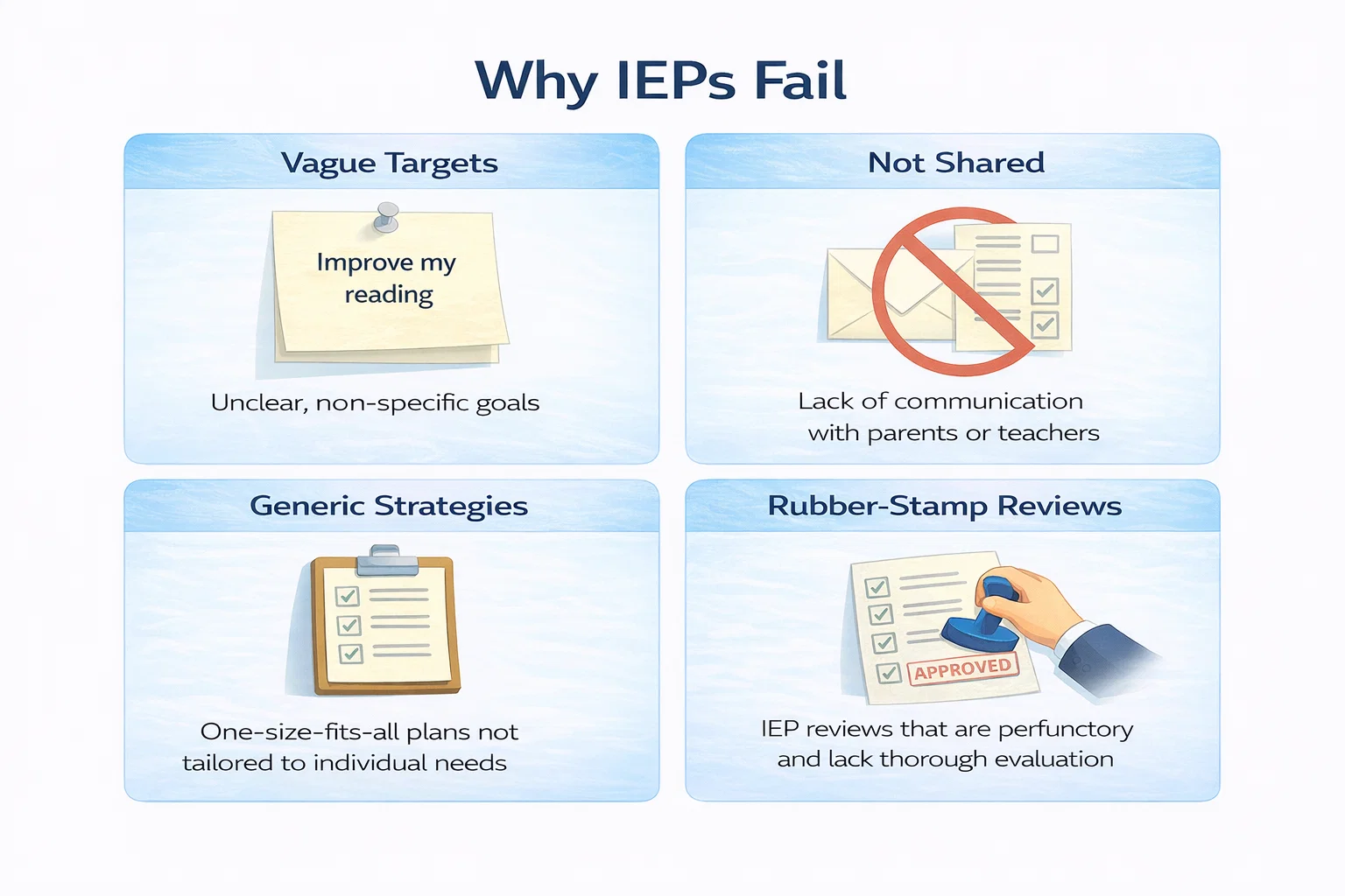 Grid showing four common reasons IEPs fail to drive progress: targets that are too vague, plans not shared with all teachers, generic rather than individualised strategies, and reviews treated as administrative events.