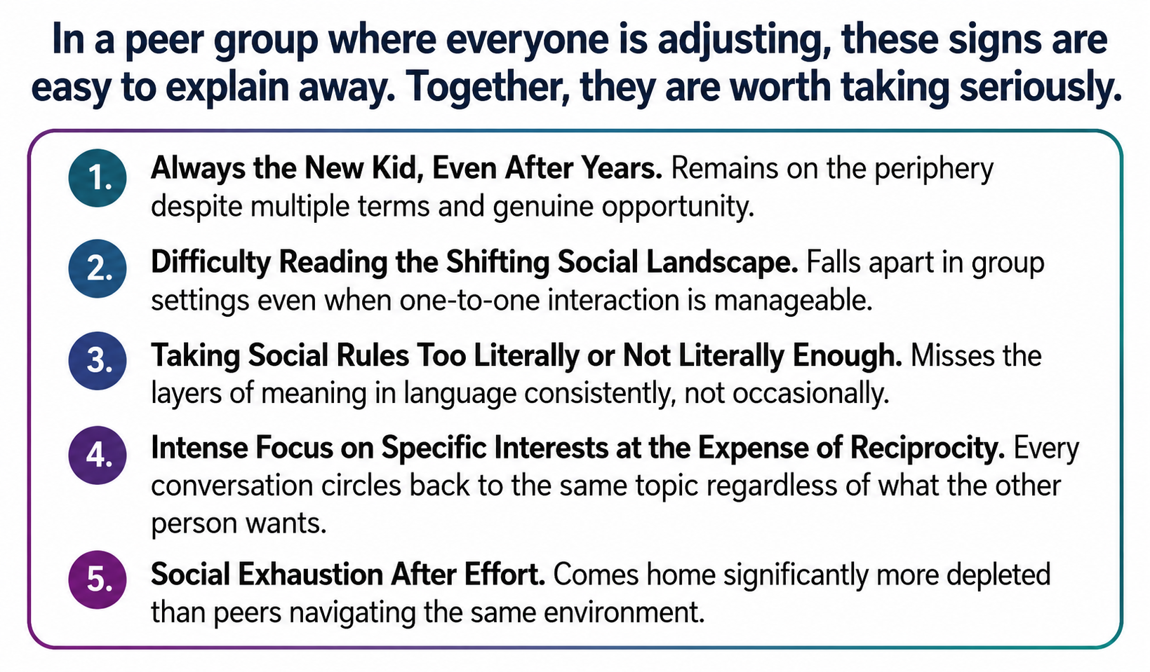 : Numbered infographic listing five signs that a child's social difficulties in a transient multinational peer group may be more than ordinary adjustment. CALM International.