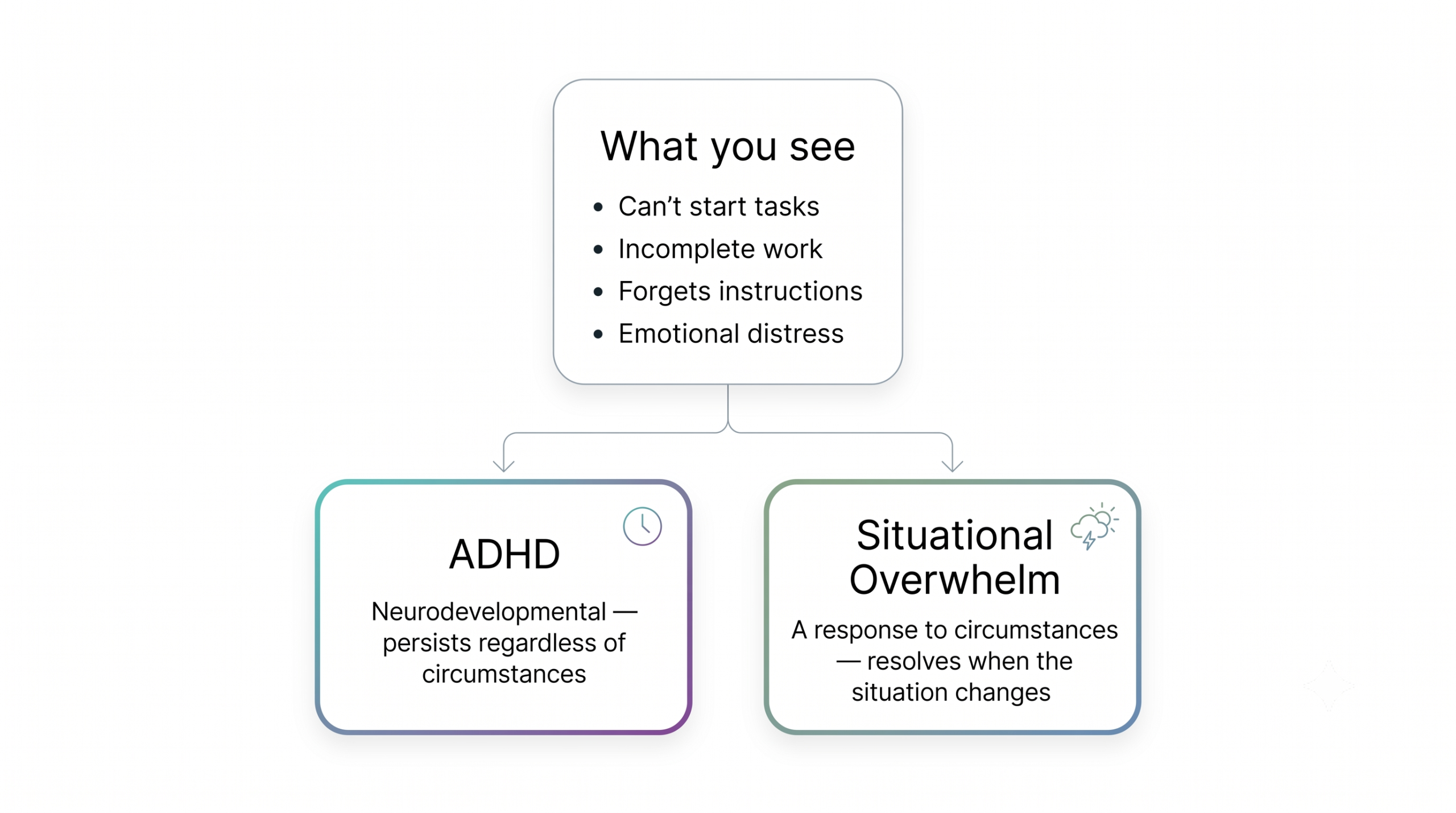 Diagram showing shared behaviours at the top: difficulty starting tasks, incomplete work, forgetting instructions, and emotional distress. Arrows branch down into two paths. The left path is ADHD, labelled as a neurodevelopmental condition that persists regardless of circumstances. The right path is situational overwhelm, labelled as a response to circumstances that resolves when the situation changes.