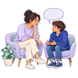 Illustration of a mother listening to her son during a supportive conversation.