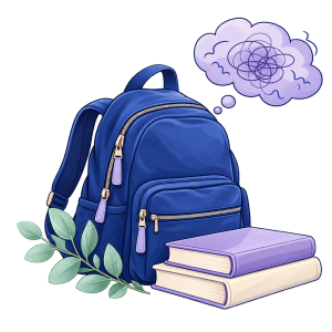 Illustration of a school backpack with books and a thought cloud representing school-related worries.