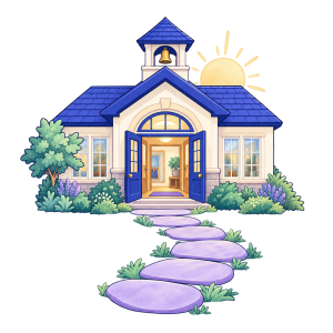 Illustration of a welcoming school entrance with a lavender path leading towards the doors.